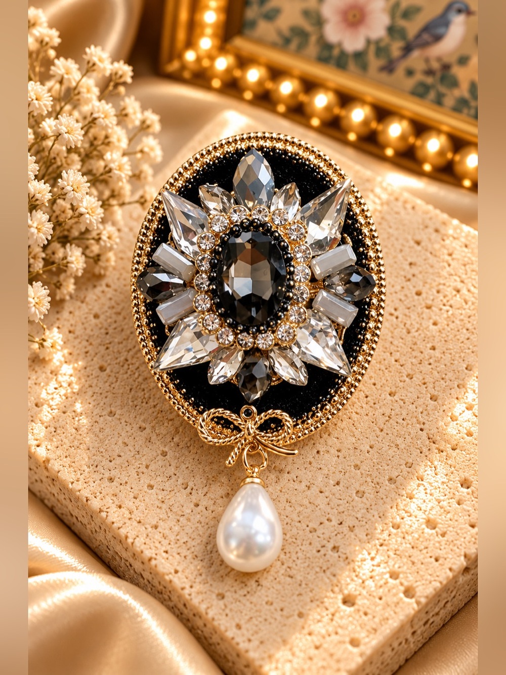 Black Crystal Pearl Drop Vintage Style Statement Brooch